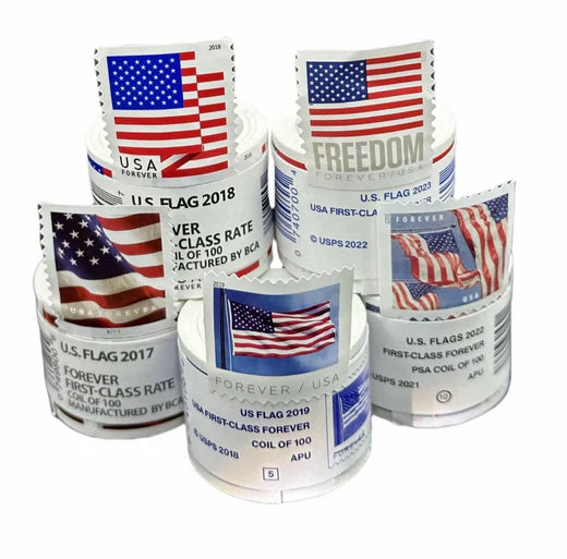 Lot of 300 Rolls Forever First Class Postage Stamps- (300 coils of 100, 30000 stamps total) Flag Designs