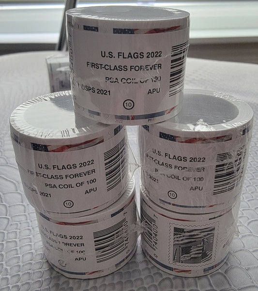 Lot of 10 Rolls Forever First Class Postage Stamps- (10 coils of 100, 1000 stamps total) Flag Designs