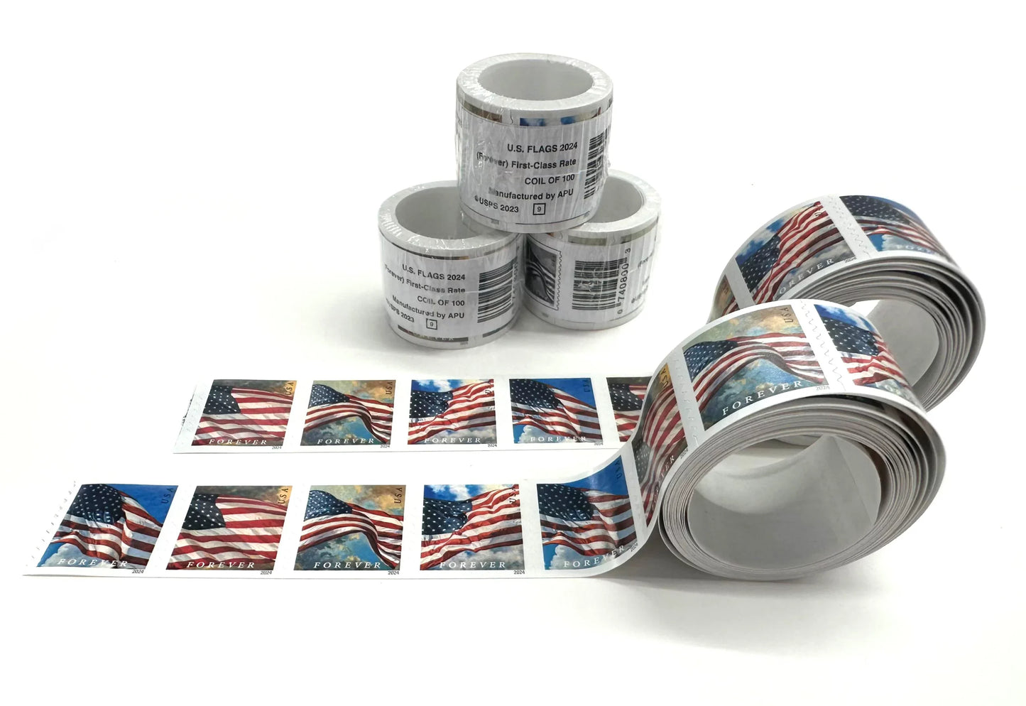Lot of 100 Rolls of Forever Flag Stamps (100 coils = 10,000 stamps)