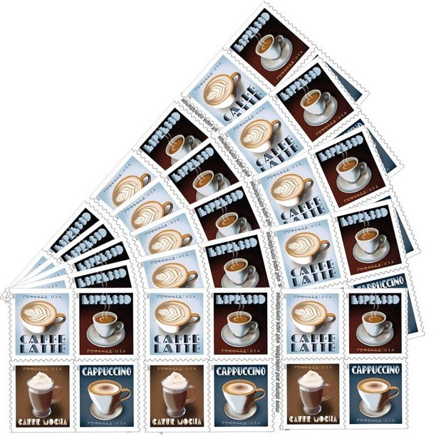 Espresso Drinks Coffee Cappuccino US Postage Forever Stamps - 5 Booklets Sheets of 20 (100 Stamps)