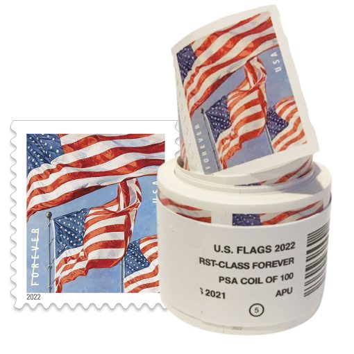 100 Forever Stamps U.S. Flags - Coil of 100 (1 Roll)